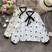 Μοντέρνο γυναικείο πουκάμισο πουά με κορδέλα σε μπεζ, μαύρο και άσπρο χρώμα