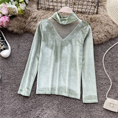 Női alkalmi blúz bársonyból és tüllből, magas gallérral több színben