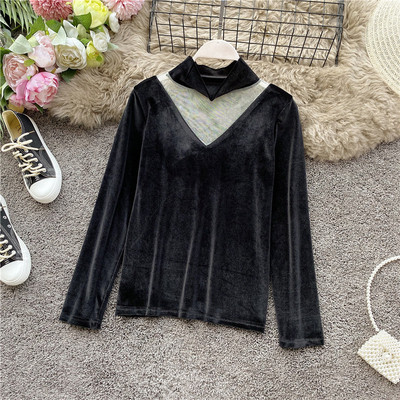 Női alkalmi blúz bársonyból és tüllből, magas gallérral több színben