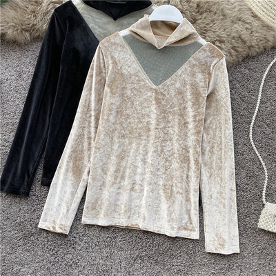 Női alkalmi blúz bársonyból és tüllből, magas gallérral több színben