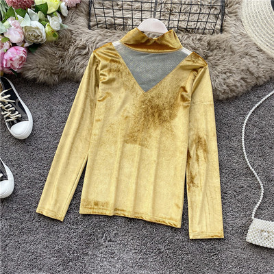 Női alkalmi blúz bársonyból és tüllből, magas gallérral több színben