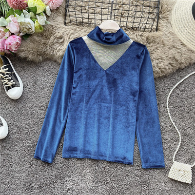 Női alkalmi blúz bársonyból és tüllből, magas gallérral több színben