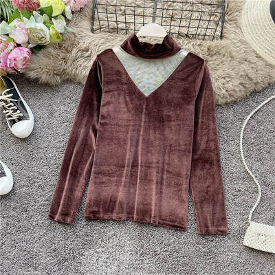 Női alkalmi blúz bársonyból és tüllből, magas gallérral több színben