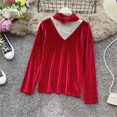 Női alkalmi blúz bársonyból és tüllből, magas gallérral több színben