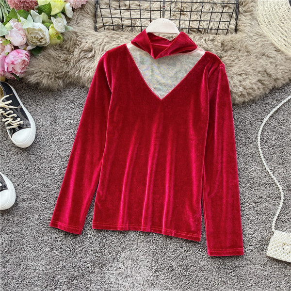 Női alkalmi blúz bársonyból és tüllből, magas gallérral több színben