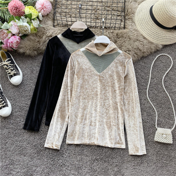 Női alkalmi blúz bársonyból és tüllből, magas gallérral több színben