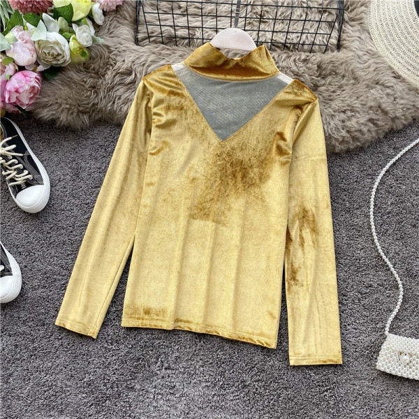 Női alkalmi blúz bársonyból és tüllből, magas gallérral több színben