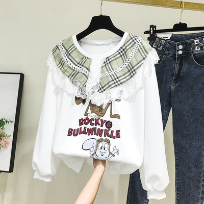 Γυναικεία μπλούζα με στρογγυλη λαιμόκοψη και καρό γιακά σε λευκό και μπεζ χρώμα