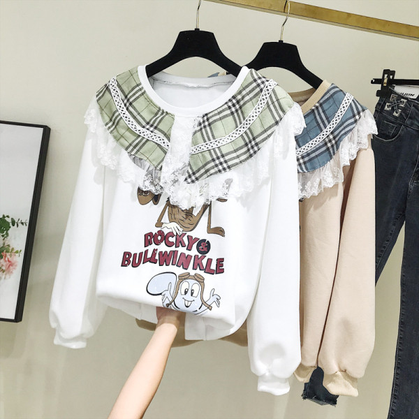 Γυναικεία μπλούζα με στρογγυλη λαιμόκοψη και καρό γιακά σε λευκό και μπεζ χρώμα