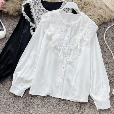 Casual γυναικείο πουκάμισο με κουμπιά και δαντέλα σε μαύρο, λευκό και κόκκινο χρώμα