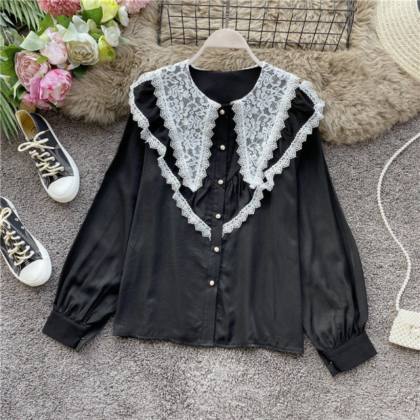 Casual γυναικείο πουκάμισο με κουμπιά και δαντέλα σε μαύρο, λευκό και κόκκινο χρώμα