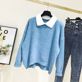 Női pulóver klasszikus gallérral, kék és rózsaszín színben