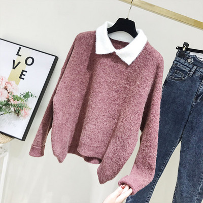 Női pulóver klasszikus gallérral, kék és rózsaszín színben