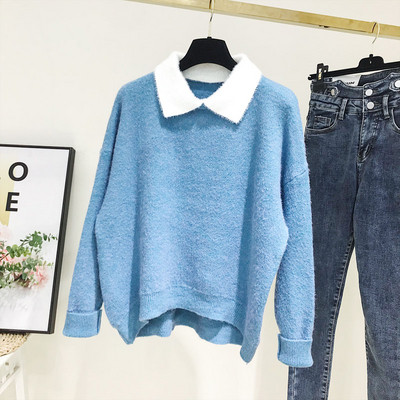 Női pulóver klasszikus gallérral, kék és rózsaszín színben