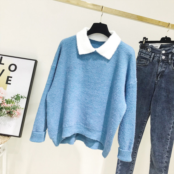 Női pulóver klasszikus gallérral, kék és rózsaszín színben