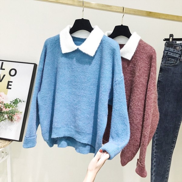 Női pulóver klasszikus gallérral, kék és rózsaszín színben