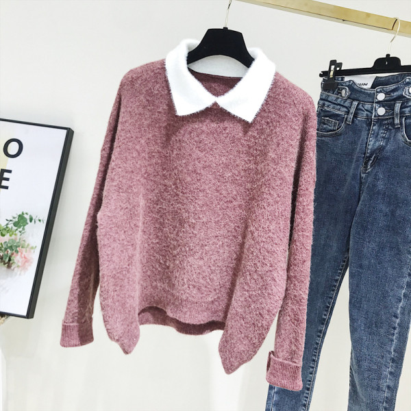 Női pulóver klasszikus gallérral, kék és rózsaszín színben