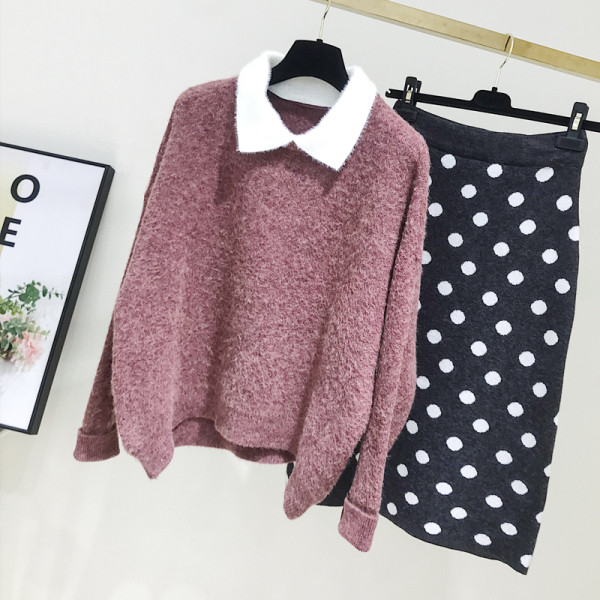 Női pulóver klasszikus gallérral, kék és rózsaszín színben