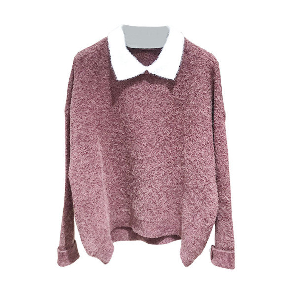 Női pulóver klasszikus gallérral, kék és rózsaszín színben