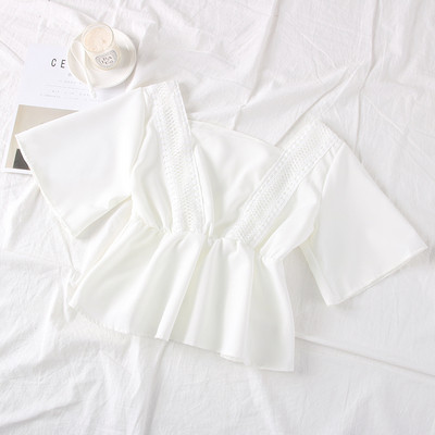 Új modell női blúz rövid ujjal és szögletes nyakkivágással fehér, fekete, piros és narancs színben