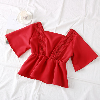 Új modell női blúz rövid ujjal és szögletes nyakkivágással fehér, fekete, piros és narancs színben