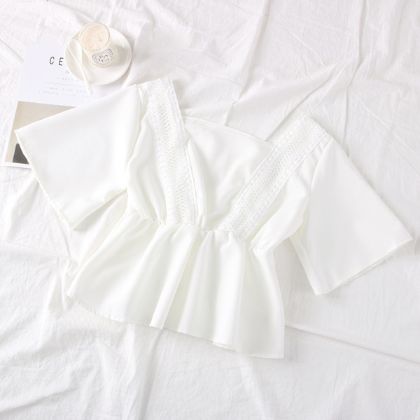 Új modell női blúz rövid ujjal és szögletes nyakkivágással fehér, fekete, piros és narancs színben