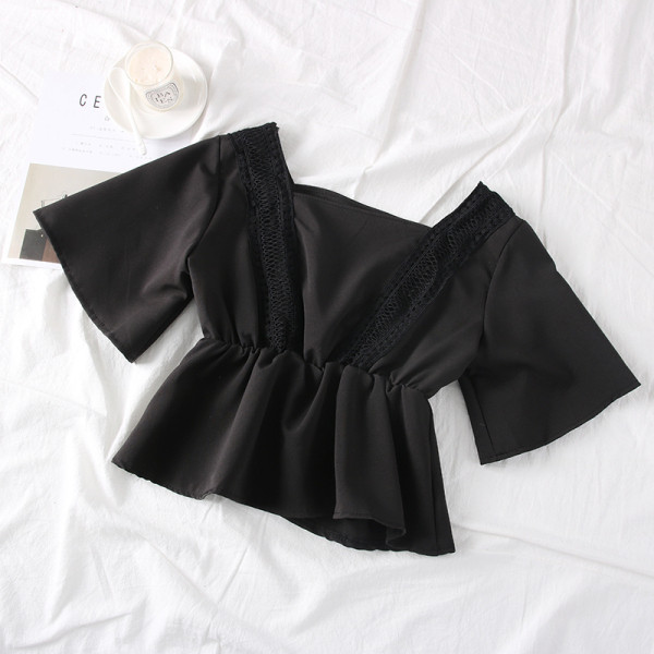 Új modell női blúz rövid ujjal és szögletes nyakkivágással fehér, fekete, piros és narancs színben