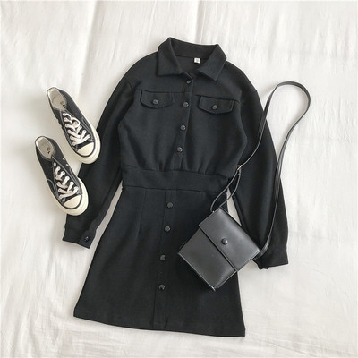 Γυναικείο φόρεμα σε μαύρο και γκρι  χρώμα με κουμπιά και μακρύ μανίκι