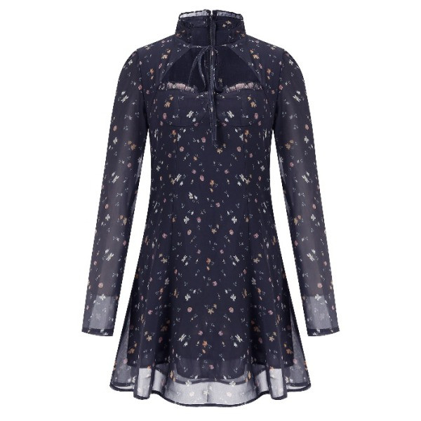 Modern női ruha fekete színben virágmintával és nyakkendővel