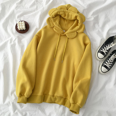 Szürke és sárga színű női pulóver kapucnival és nyakkendővel