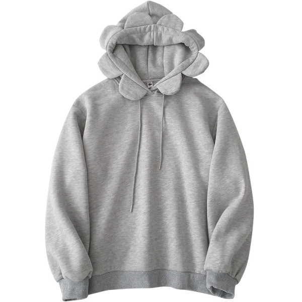 Szürke és sárga színű női pulóver kapucnival és nyakkendővel