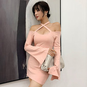 Νέο μοντέλο γυναικείο φορεμά με Lotus μανίκια με γυμνοί ώμοι σε ροζ και μαύρο χρώμα