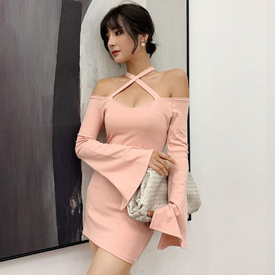 Νέο μοντέλο γυναικείο φορεμά με Lotus μανίκια με γυμνοί ώμοι σε ροζ και μαύρο χρώμα