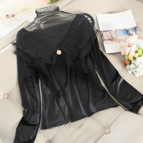 Κομψή γυναικεία μπλούζα από βελούδο με κολάρο και τούλι με άσπρο και μαύρο χρώμα