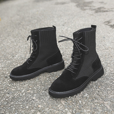 Καθημερινές γυναικείες μπότες με επίπεδη σόλα από οικολογικό δέρμα με κορδόνια