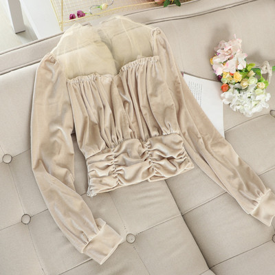 Női blúz bársonyból és tüllből fehér, rózsaszín, bézs és fekete színben