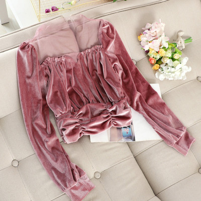 Női blúz bársonyból és tüllből fehér, rózsaszín, bézs és fekete színben