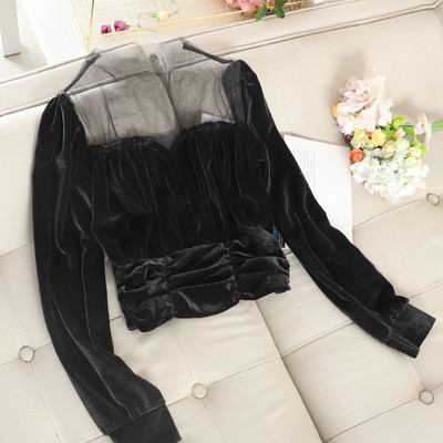 Női blúz bársonyból és tüllből fehér, rózsaszín, bézs és fekete színben