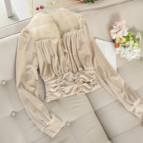 Női blúz bársonyból és tüllből fehér, rózsaszín, bézs és fekete színben