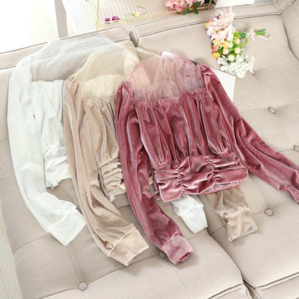 Női blúz bársonyból és tüllből fehér, rózsaszín, bézs és fekete színben