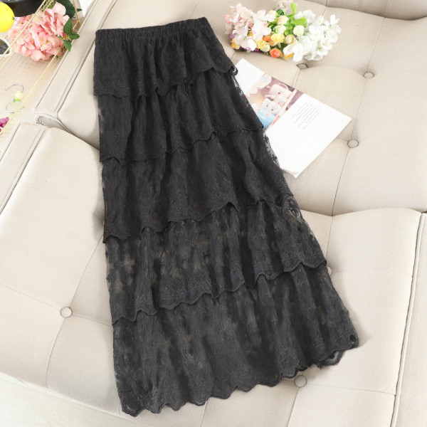 Női hosszú csipkeszoknya magas derékkal, bézs, fehér és fekete színben