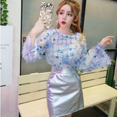 Átlátszó blúz és bőrszoknya női szett ezüst színben