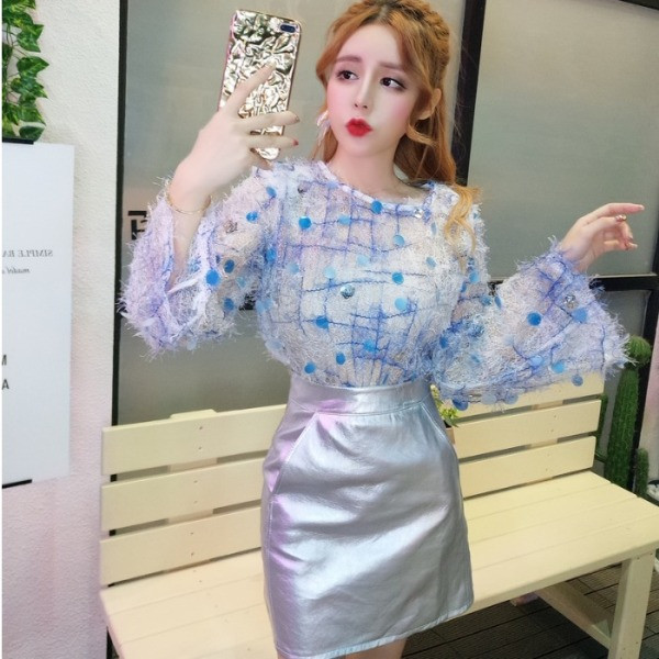 Átlátszó blúz és bőrszoknya női szett ezüst színben