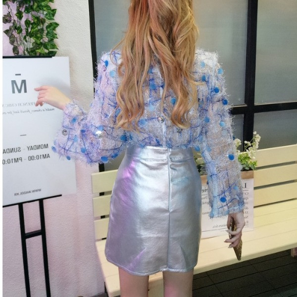 Átlátszó blúz és bőrszoknya női szett ezüst színben