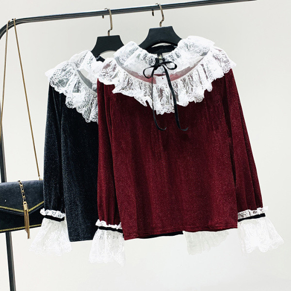 Női formális blúz bársony csipke nyakkivágással zöld és bordó színben