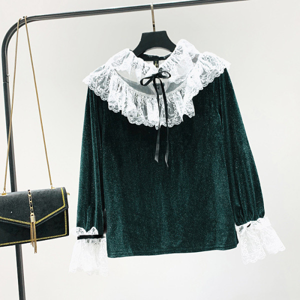 Női formális blúz bársony csipke nyakkivágással zöld és bordó színben