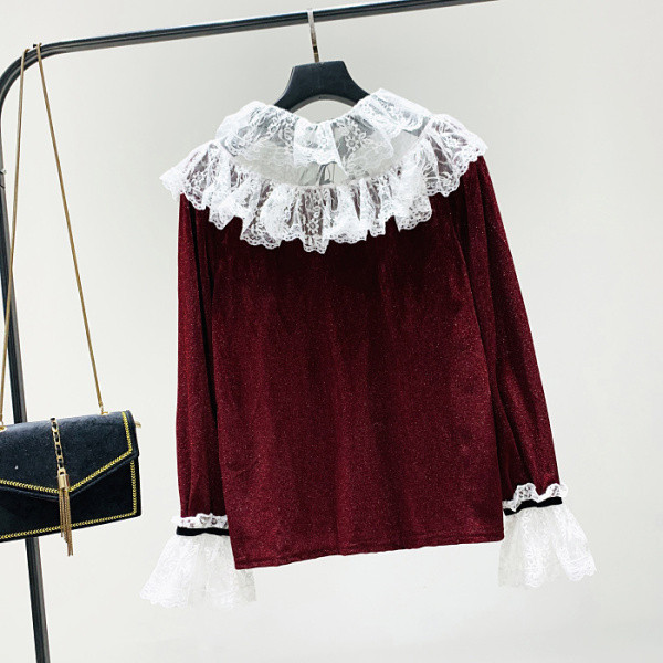 Női formális blúz bársony csipke nyakkivágással zöld és bordó színben