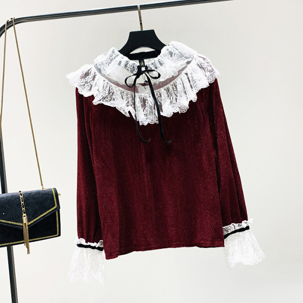 Női formális blúz bársony csipke nyakkivágással zöld és bordó színben