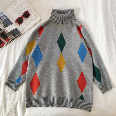 Alkalmi női pulóver fekete és szürke színben, magas gallérral