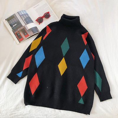 Alkalmi női pulóver fekete és szürke színben, magas gallérral